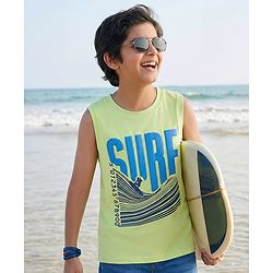 Pine Kids Cotton Knit Sleeveless Tank T-Shirt with Surfer Print - Limegreen