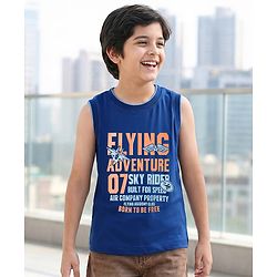 Pine Kids Cotton Knit Sleeveless Tank T-Shirt with Text Print - Navy Blue