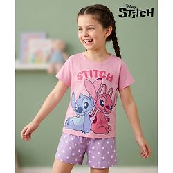 Pine Kids Disney Single Jersey Knit Half Sleeves T-Shirt & Shorts Night Suit With Lilo n Angel Graphics - Multicolor