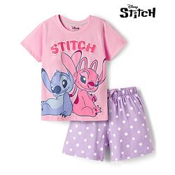 Pine Kids Disney Single Jersey Knit Half Sleeves T-Shirt & Shorts Night Suit With Lilo n Angel Graphics - Multicolor