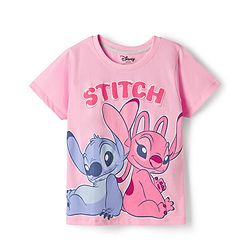 Pine Kids Disney Single Jersey Knit Half Sleeves T-Shirt & Shorts Night Suit With Lilo n Angel Graphics - Multicolor