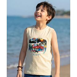 Pine Kids Cotton Knit Sleeveless Tank T-Shirt with Surfing Print - Off White