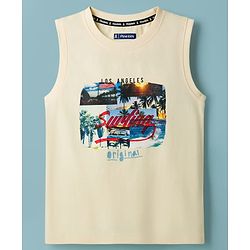 Pine Kids Cotton Knit Sleeveless Tank T-Shirt with Surfing Print - Off White