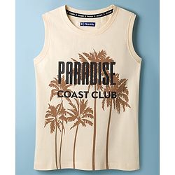Pine Kids Cotton Knit Sleeveless Tank T-Shirt with Paradise Coast Club Print - Off White