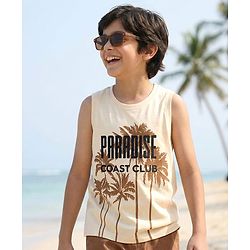 Pine Kids Cotton Knit Sleeveless Tank T-Shirt with Paradise Coast Club Print - Off White
