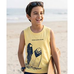 Pine Kids Cotton Knit Sleeveless T-Shirt with Surfing Print - Yellow