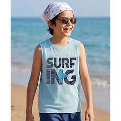 Pine Kids Cotton Knit Sleeveless Tank T-Shirt with Surfing Print - Aqua Blue