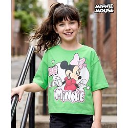Pine Kids Disney Single Jersey Knit Drop Shoulder Half Sleeves Oversized Crop T-Shirt With Minnie Mouse Graphics - Green