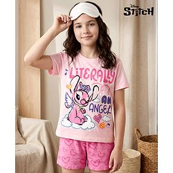 Pine Kids Disney Single Jersey Knit Half Sleeves T-Shirt & Shorts Night Suit with Lilo & Stitch Graphic - Pink