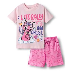 Pine Kids Disney Single Jersey Knit Half Sleeves T-Shirt & Shorts Night Suit with Lilo & Stitch Graphic - Pink