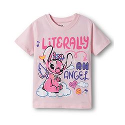 Pine Kids Disney Single Jersey Knit Half Sleeves T-Shirt & Shorts Night Suit with Lilo & Stitch Graphic - Pink