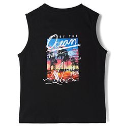 Pine Kids 100% Cotton Knit Sleeveless Tank T-Shirt WIth Beach Theme Print - Black