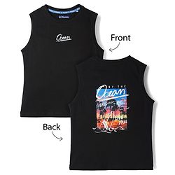 Pine Kids 100% Cotton Knit Sleeveless Tank T-Shirt WIth Beach Theme Print - Black