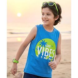 Pine Kids Cotton Knit Sleeveless T-Shirt with Good Vibes Print - Blue