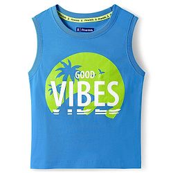 Pine Kids Cotton Knit Sleeveless T-Shirt with Good Vibes Print - Blue