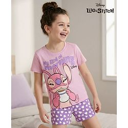 Pine Kids Disney Single Jersey Knit Half Sleeves T-Shirt & Short Night Suit With Lilo & Stitch - Purple