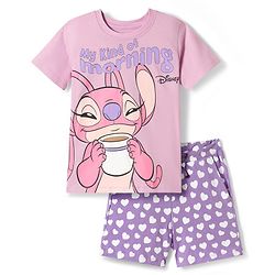Pine Kids Disney Single Jersey Knit Half Sleeves T-Shirt & Short Night Suit With Lilo & Stitch - Purple