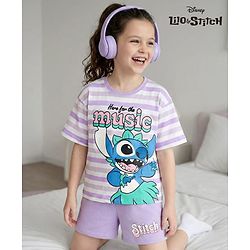 Pine Kids Disney Single Jersey Knit Drop Shoulder Half Sleeves Oversized T-Shirt & Shorts Set With Lilo & Stitch Graphics - Purple