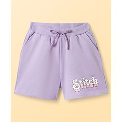 Pine Kids Disney Single Jersey Knit Drop Shoulder Half Sleeves Oversized T-Shirt & Shorts Set With Lilo & Stitch Graphics - Purple