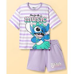 Pine Kids Disney Single Jersey Knit Drop Shoulder Half Sleeves Oversized T-Shirt & Shorts Set With Lilo & Stitch Graphics - Purple