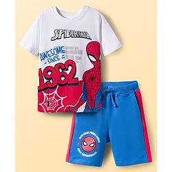 Pine Kids Marvel Single Jersey Knit Drop Shoulder Half Sleeves Oversized T-Shirt & Shorts Set With Spider-Man Graphics - Multicolor