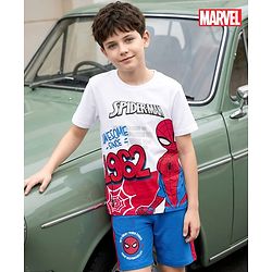 Pine Kids Marvel Single Jersey Knit Drop Shoulder Half Sleeves Oversized T-Shirt & Shorts Set With Spider-Man Graphics - Multicolor