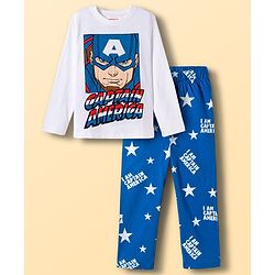 Pine Kids Marvel Single Jersey Knit Full Sleeves T-Shirt & Pajama Night Suit With Captain America Print - White & Navy Blue