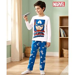 Pine Kids Marvel Single Jersey Knit Full Sleeves T-Shirt & Pajama Night Suit With Captain America Print - White & Navy Blue