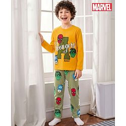 Pine Kids Marvel Single Jersey Knit Full Sleeves T-Shirt & Pajama Night Suit With Avengers Print - Yellow & Olive Green