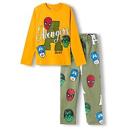 Pine Kids Marvel Single Jersey Knit Full Sleeves T-Shirt & Pajama Night Suit With Avengers Print - Yellow & Olive Green