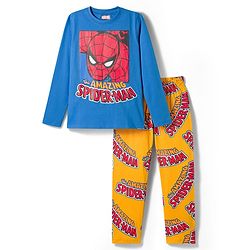 Pine Kids Marvel Single Jersey Knit Full Sleeves T-Shirt & Pajama Night Suit With Spiderman Print -  Blue