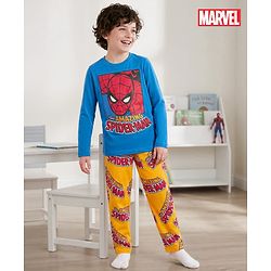 Pine Kids Marvel Single Jersey Knit Full Sleeves T-Shirt & Pajama Night Suit With Spiderman Print -  Blue