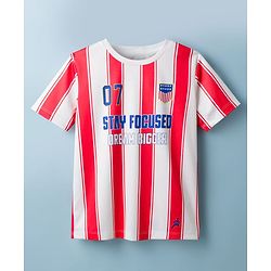 Pine Active Knit Half Sleeves Striped & Text Printed T-Shirt - Red