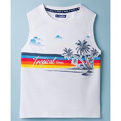 Pine Kids Cotton Knit Sleeveless Tank T-Shirt with Tropical Theme Print - White