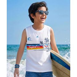 Pine Kids Cotton Knit Sleeveless Tank T-Shirt with Tropical Theme Print - White