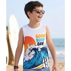 Pine Kids Cotton Knit Sleeveless Tank T-Shirt With Good Surf Day Print - White