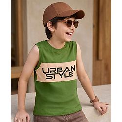 Pine Kids 100% Cotton Sleeveless  Urban Style Text Printed Tank T-Shirt- Olive Green