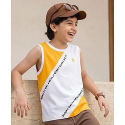 Pine Kids 100% Cotton Sleeveless  Cut N Sew Text Printed Tank T-Shirt - White & Yellow