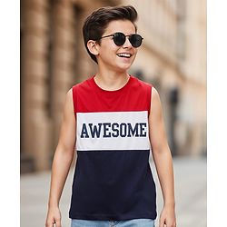 Pine Kids 100% Cotton Knit Sleeveless Awesome Text Printed Cut N Sew Tank T-Shirt -Red Navy & White