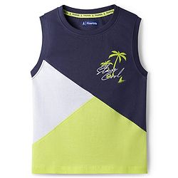 Pine Kids Cotton Knit Sleeveless Cut & Sew Tank T-Shirt with Beach Theme Print - Multicolor