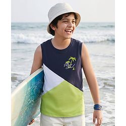 Pine Kids Cotton Knit Sleeveless Cut & Sew Tank T-Shirt with Beach Theme Print - Multicolor