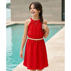 Pine Kids Woven Sleeveless Solid Textured Frock With Belt - Red