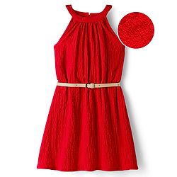 Pine Kids Woven Sleeveless Solid Textured Frock With Belt - Red