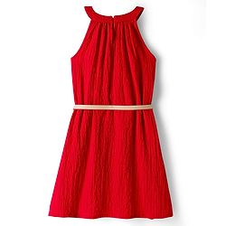 Pine Kids Woven Sleeveless Solid Textured Frock With Belt - Red