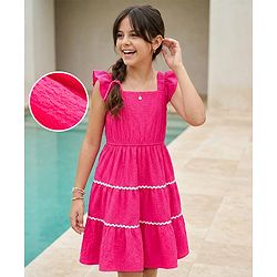 Pine Kids Woven Sleeveless Solid Colour Tiered Frock - Fuchsia