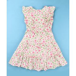 Pine Kids Cotton Knit Frill Sleeves Frock With Floral Print - Multicolor