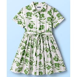 Pine Kids 100% Cotton Knit Half Sleeves Floral Printed Frock With Belt - Multicolor