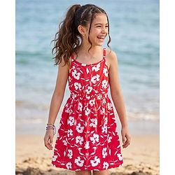 Pine Kids Cotton Knit Sleeveless Floral Printed Frock - Red