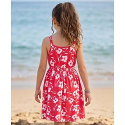 Pine Kids Cotton Knit Sleeveless Floral Printed Frock - Red
