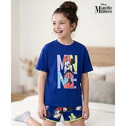 Pine Kids Disney Single Jersey Knit Half Sleeves T-Shirt & Shorts Night Suit With Minnie Mouse Graphics - Blue